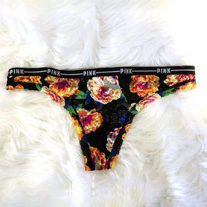 Victoria's Secret PINK Signature Waistband Floral Thong Black Small